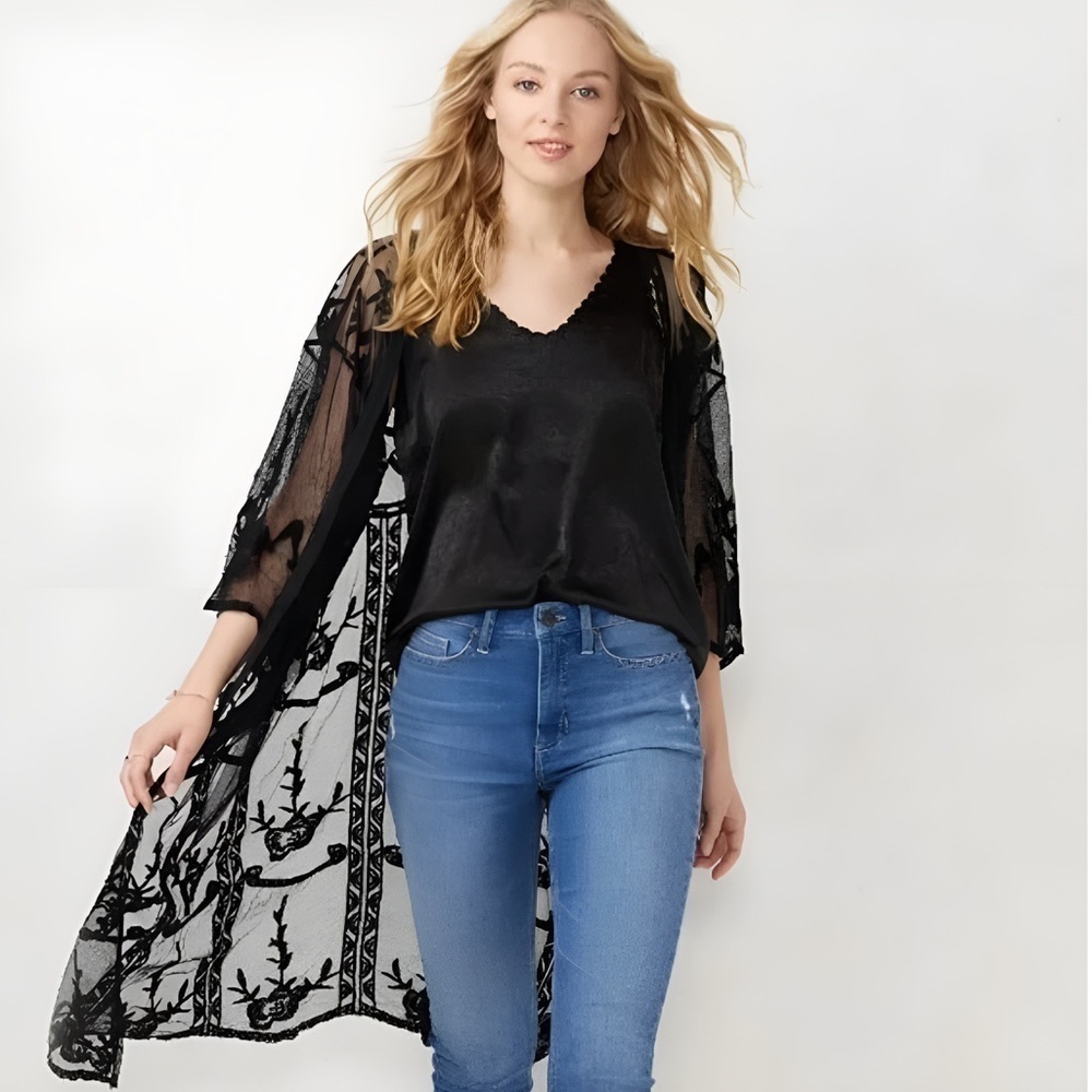 NWT LC Lauren Conrad Lace Sheer Lace Duster Kimono Black